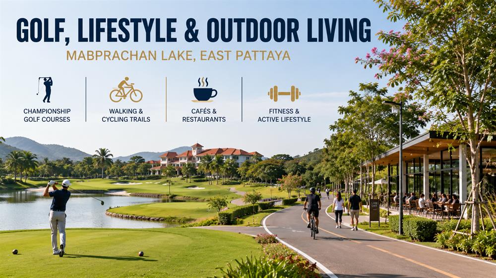 Golf courses, outdoor recreation, and lifestyle amenities surrounding Mabprachan Lake in East Pattaya.